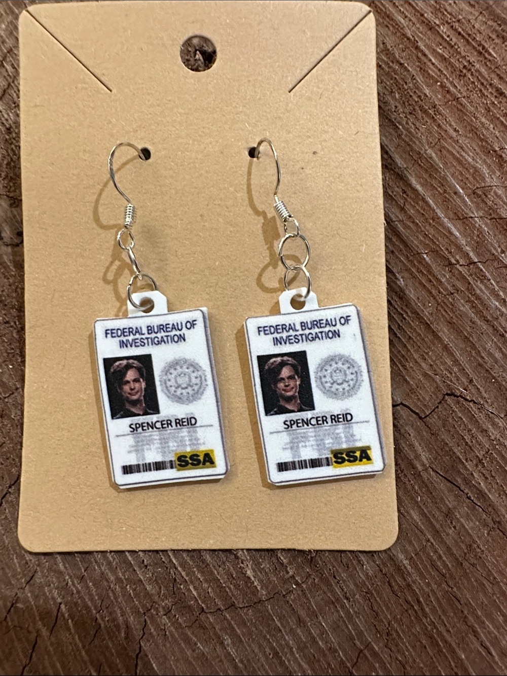 FBI Spencer Reid ID Badge Dangle Earrings - White and Black with Yellow Accent